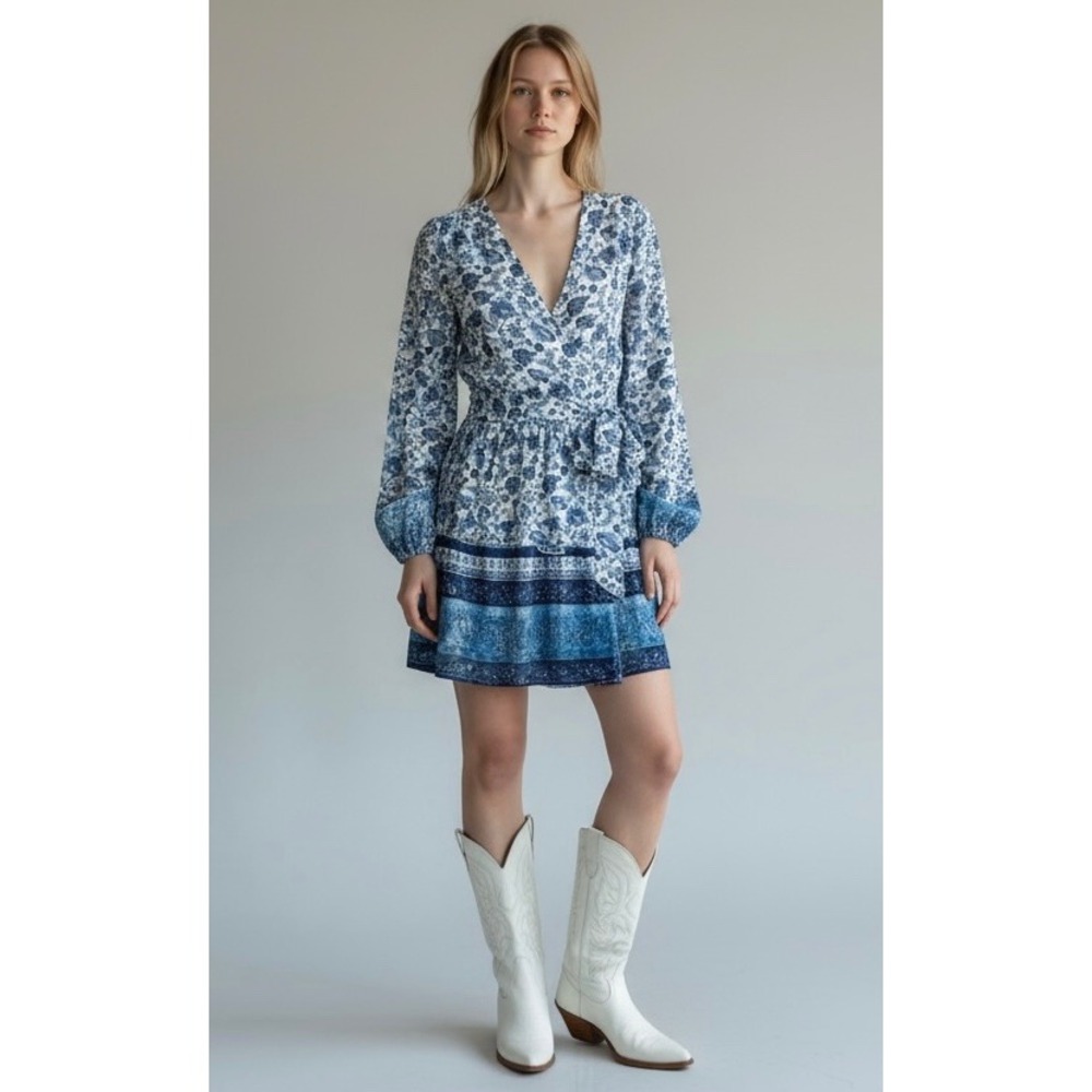 Japna Floral Print Wrap Dress Long Sleeve V Neck Mini Bohemian Blue White Medium